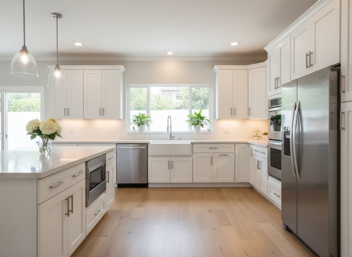 Representative kitchen remodel — custom shaker cabinetry and quartz island